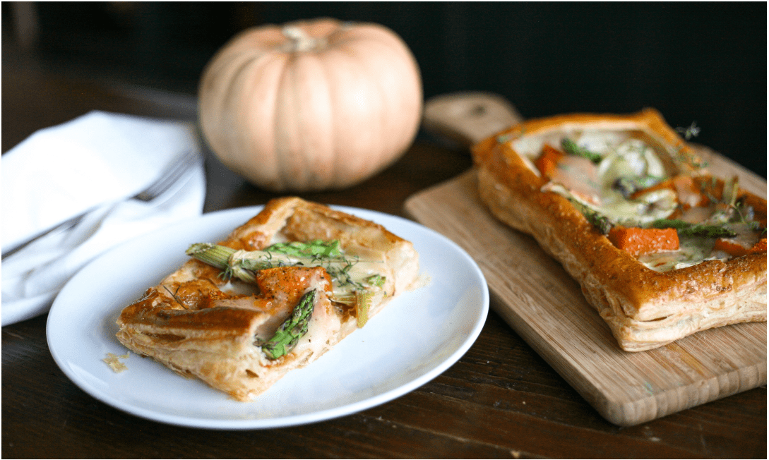 closeup shot of pumpkin, fennel and taleggio tart